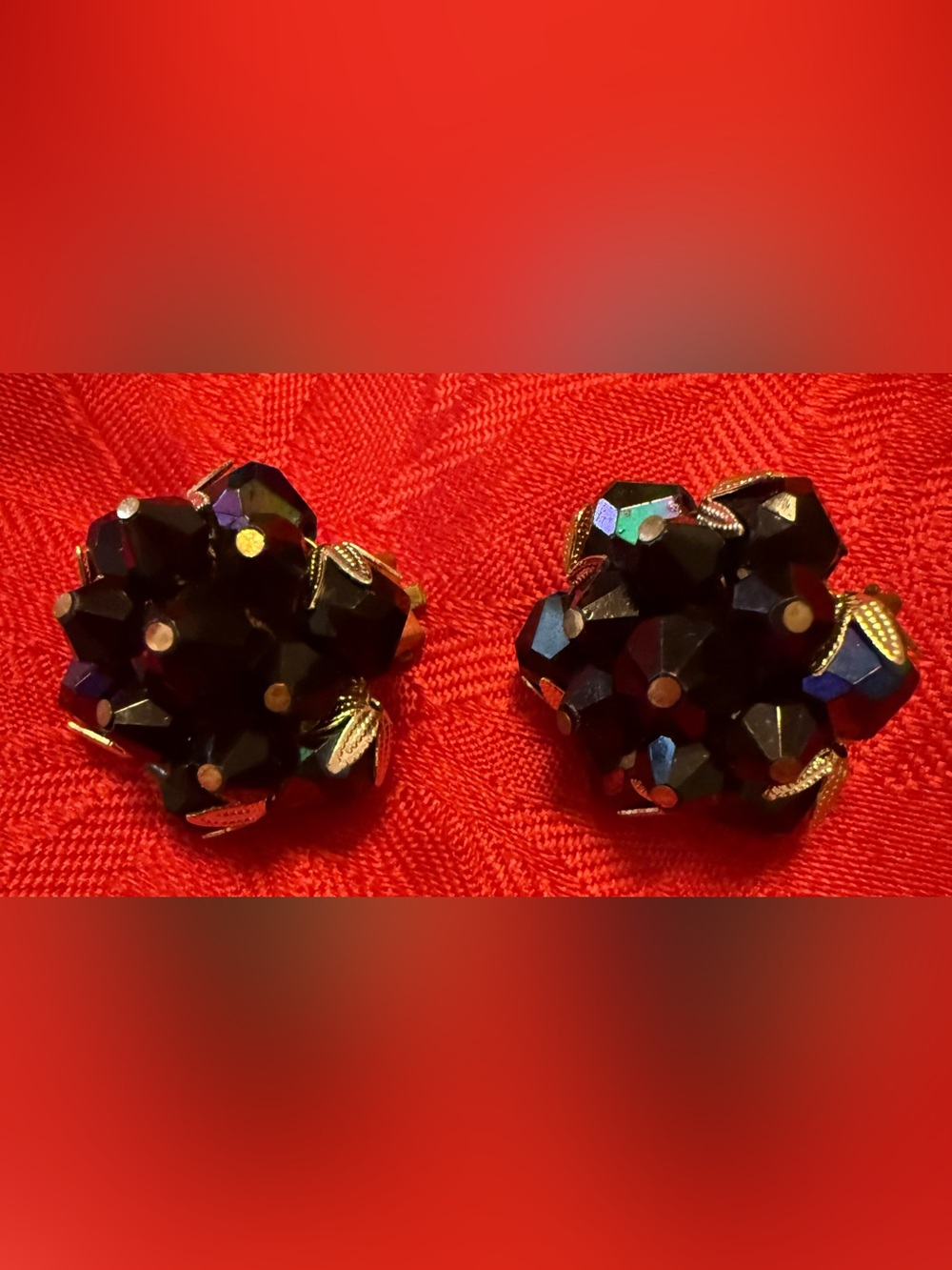 Black Faceted Cluster Clip-On Earrings - Elegant Evening Accent